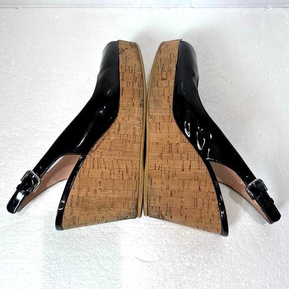Stuart Weitzman Black Patent Leather Sling back Peep Toe Cork Wedge Heel 8.5 - Picture 6 of 8